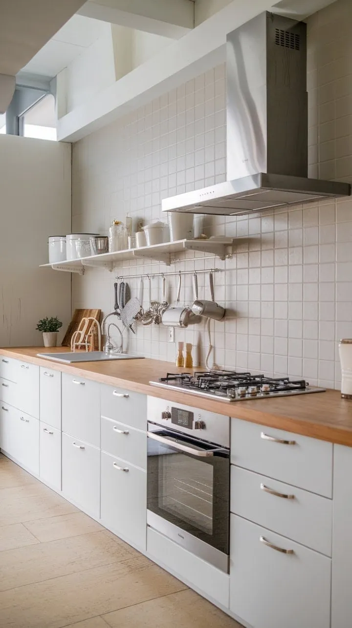 This Nordic kitchen blends serene white and gray tones with a warm wood countertop and sleek stainless steel for a modern yet calming minimalist retreat.