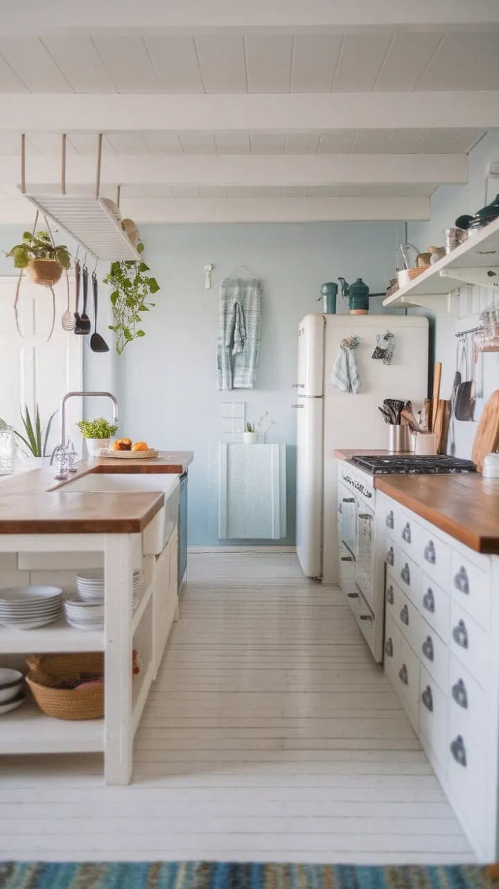 Bathed in sunlight, this serene Nordic coastal farmhouse kitchen features a spacious island that embodies the perfect blend of simple elegance and functional design.
