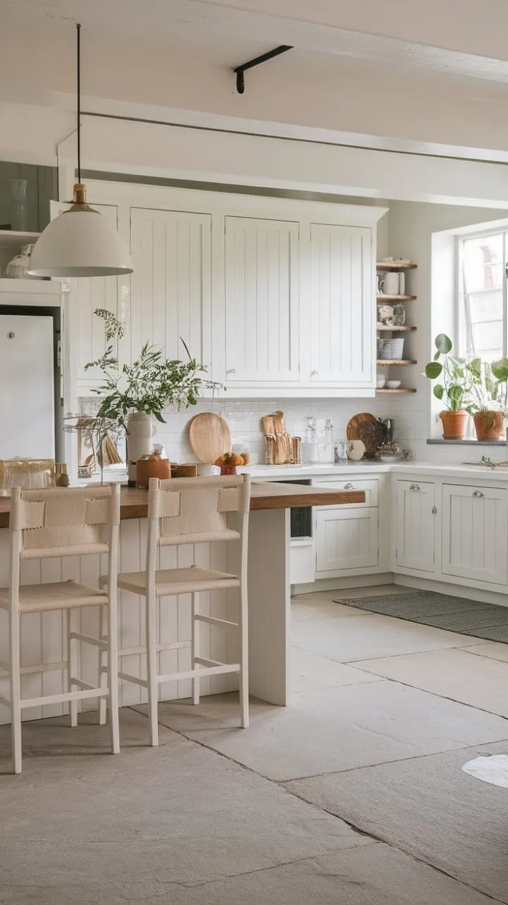 Bathed in sunlight, this Nordic farmhouse kitchen harmoniously combines modern elegance with coastal charm, featuring a sleek white island and inviting beige chairs.