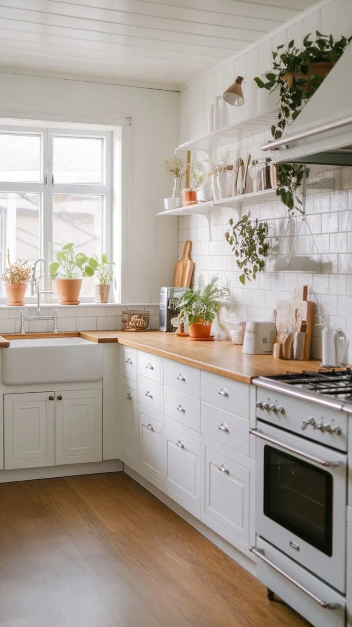 Bathed in sunlight, this serene Nordic kitchen blends sleek modernity with rustic charm, creating an inviting and functional minimalist haven.
