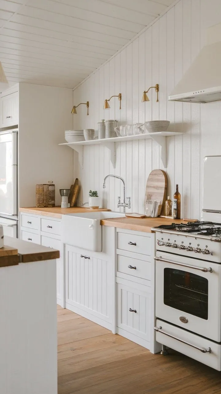 This modern Nordic kitchen blends clean lines and natural light with white cabinetry, a wooden countertop, and a farmhouse sink, creating a serene space for cooking and contemplation.