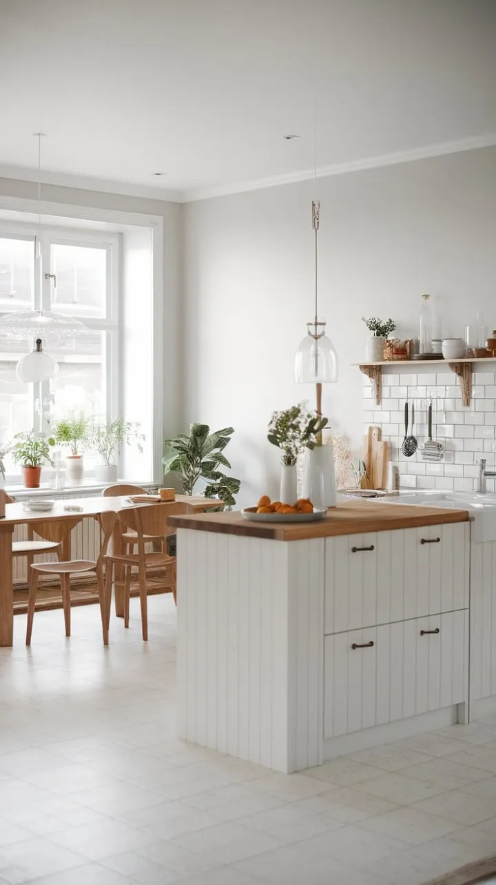 Bathed in sunlight, this serene Nordic kitchen harmoniously fuses modern elegance with rustic charm, creating a functional yet tranquil culinary haven.