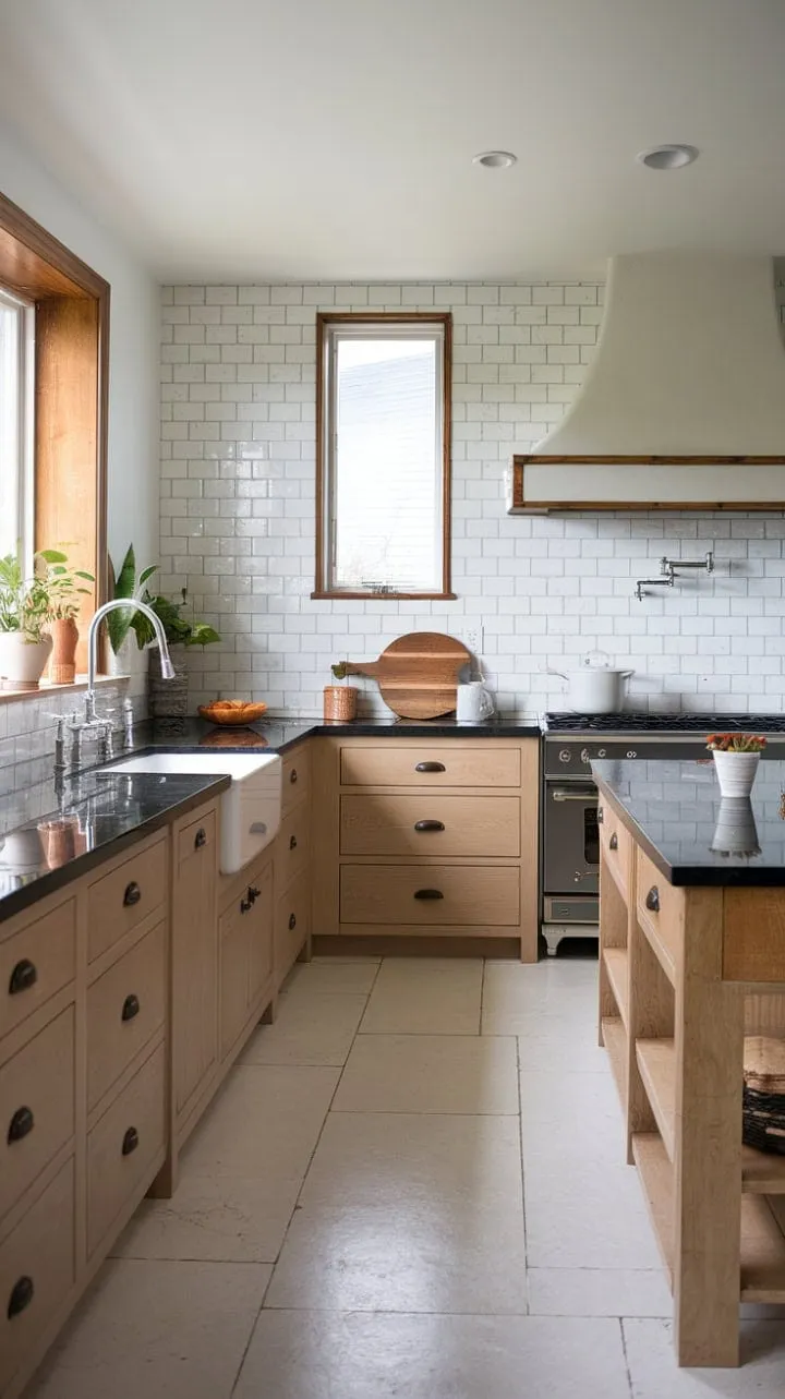 This airy kitchen harmoniously fuses modern Nordic design with coastal charm, featuring elegant white cabinetry and a spacious island that invites culinary creativity.