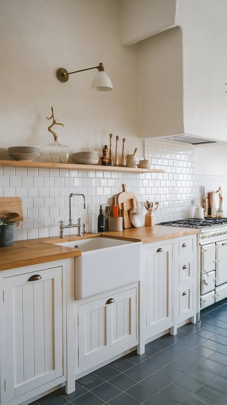 A sleek coastal Nordic kitchen boasts white wood cabinetry, a farmhouse sink, and tiled floors, creating a modern and airy space.
