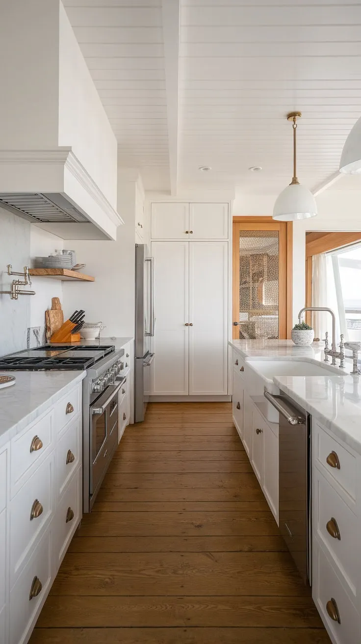 A coastal-chic kitchen boasts a Scandinavian aesthetic with white wood cabinets, marble, and a farmhouse sink.