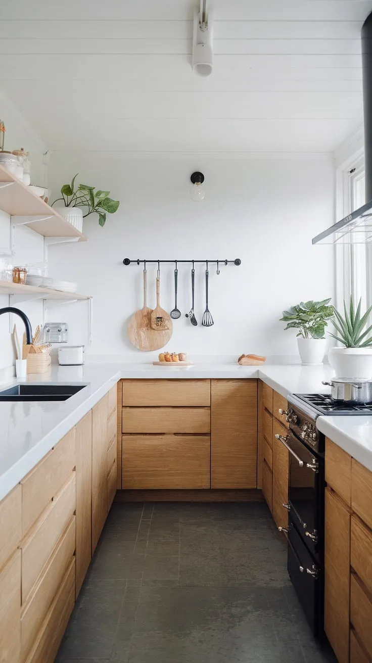 Elegant white Nordic kitchen design features sleek black accents and calming coastal vibes