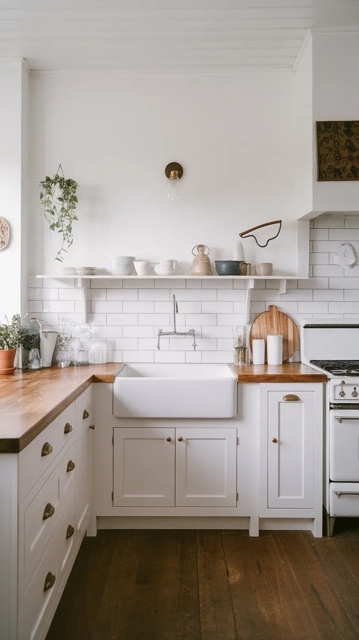A bright, airy Nordic kitchen boasts white cabinetry and a charming farmhouse sink.