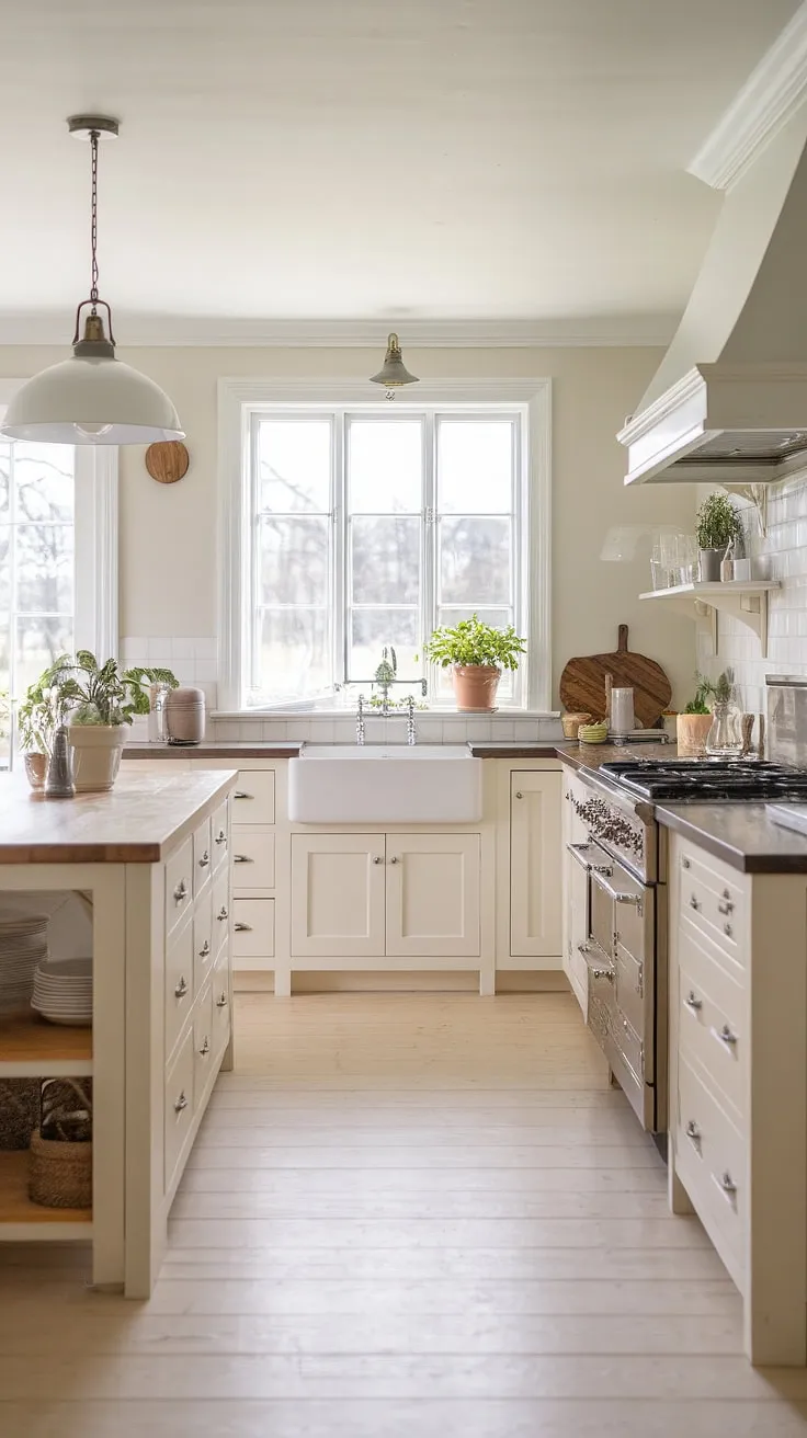 Sunlight streams into a bright Nordic kitchen featuring a white wood island, farmhouse sink, and verdant plants