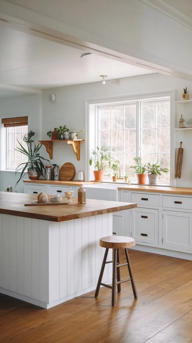White wood cabinetry and a wood-floored space create a serene Nordic-inspired cooking haven.