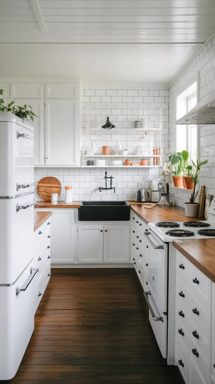 A modern Nordic kitchen boasts white cabinetry, a white wood countertop, and a black sink against a backdrop of dark wood flooring.