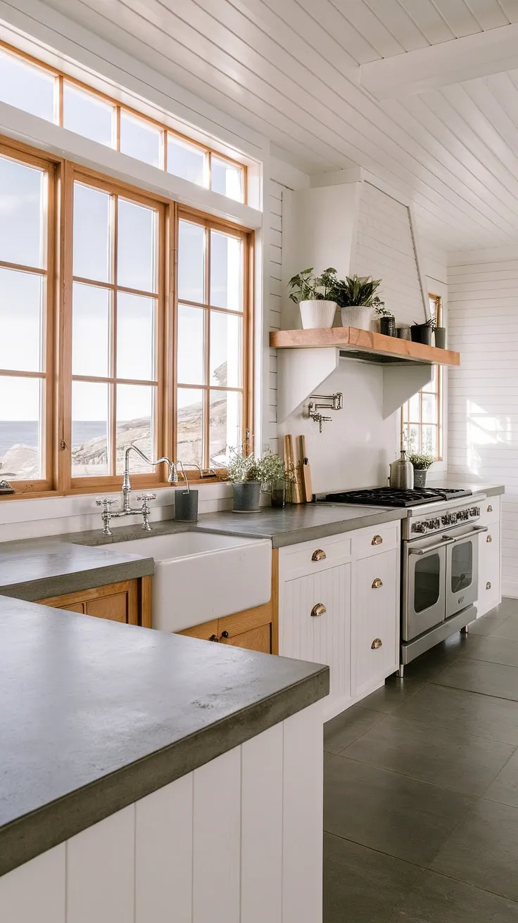 A modern Nordic kitchen design is highlighted by natural light and a blend of white wood and concrete.