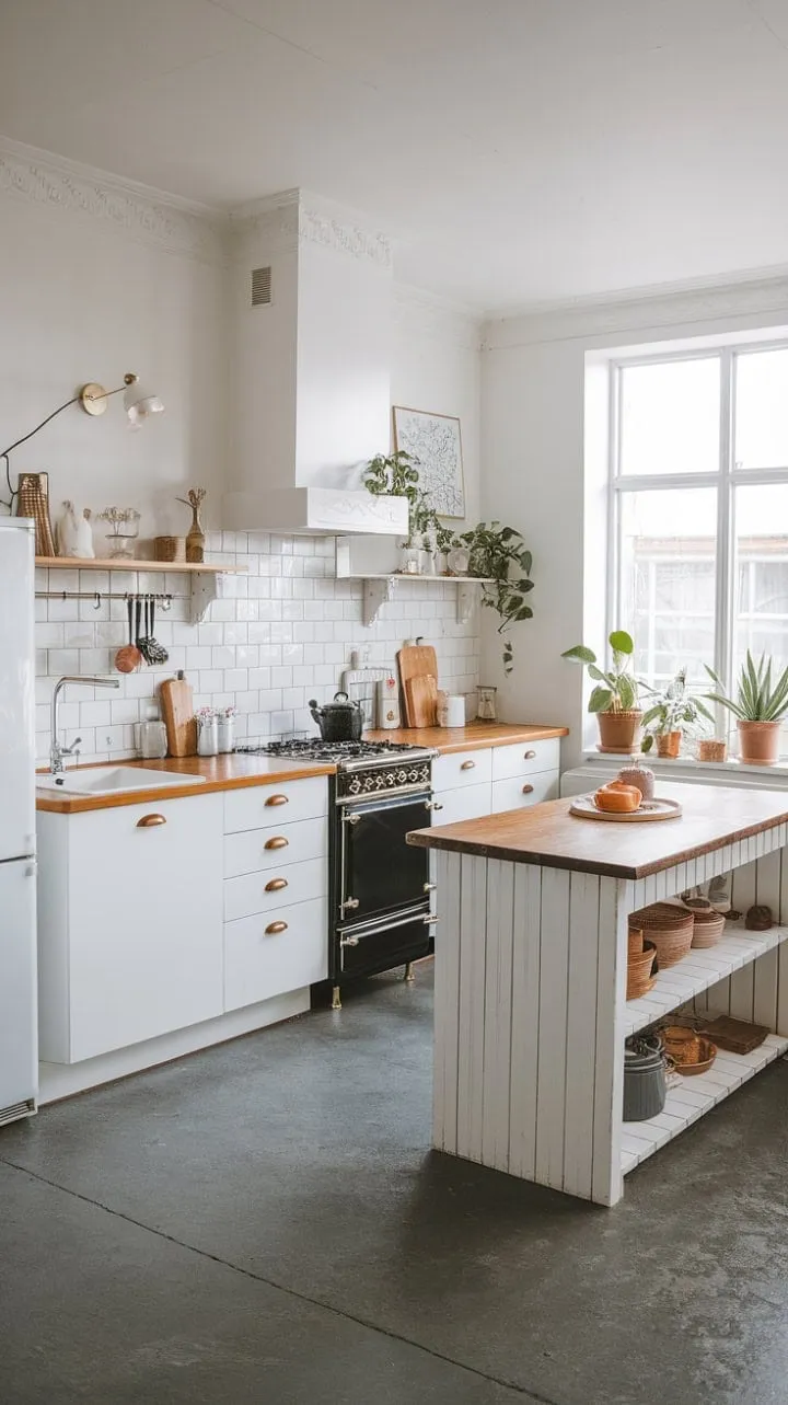 This Nordic-inspired kitchen harmoniously blends clean lines and natural light with minimalist elegance, featuring a calming white wood island and lush potted plants against a backdrop of grey concrete.