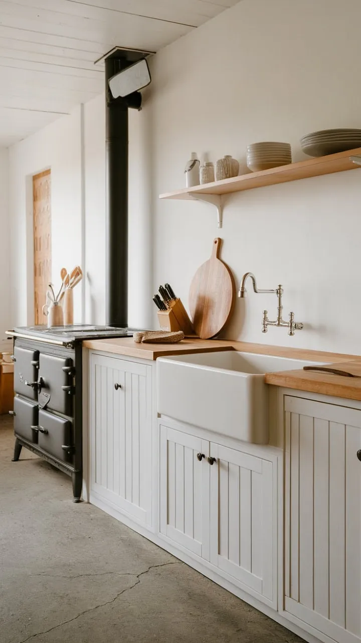 Bathed in sunlight, this serene Nordic kitchen blends warm wood accents with cool concrete, inviting culinary creativity in a stylishly tranquil setting.