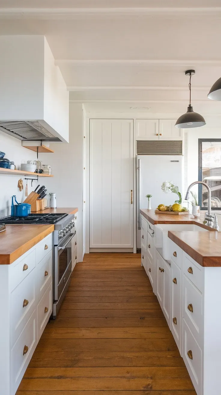 A sleek Nordic kitchen blends white cabinetry with wood accents for a coastal farmhouse feel.
