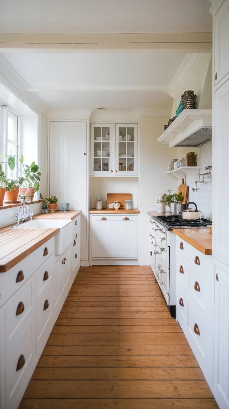 Sleek white cabinets, a farmhouse sink, and wood floors create a minimalist Nordic kitchen haven.