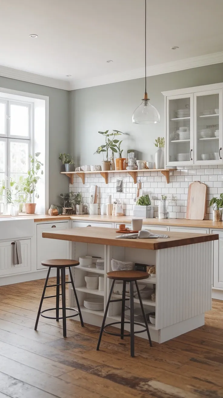 Elegant Nordic-inspired farmhouse kitchen design features white cabinets, wood accents, and soft grey walls