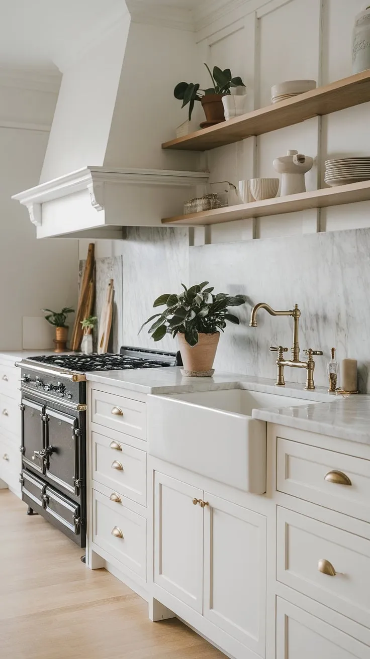 Elegant Nordic design features white wood cabinets, marble countertops, and brass accents