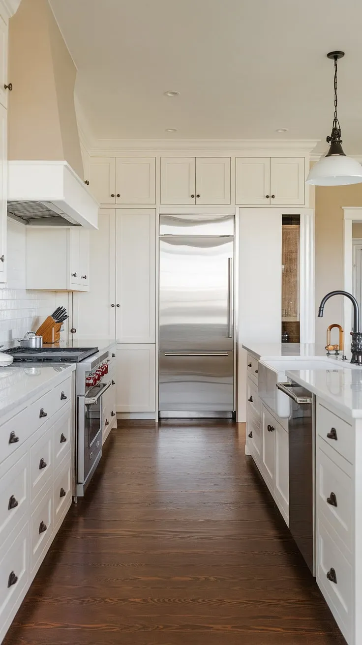 Elegant Nordic kitchen design blends sleek white cabinetry with dark wood floors and coastal farmhouse accents