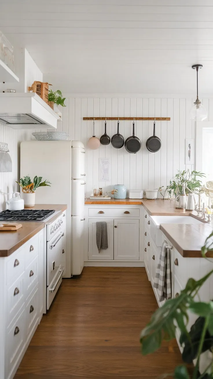 Elegant white Scandinavian farmhouse kitchen design features sleek cabinetry and wood floors