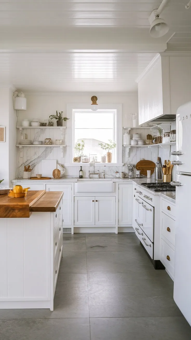 A bright Scandinavian kitchen features a modern white design accented by a wood island and gray tile floors.