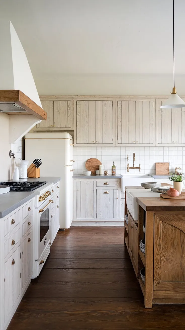 White wood cabinets and grey stone countertops define this modern farmhouse kitchen's elegant Nordic aesthetic.