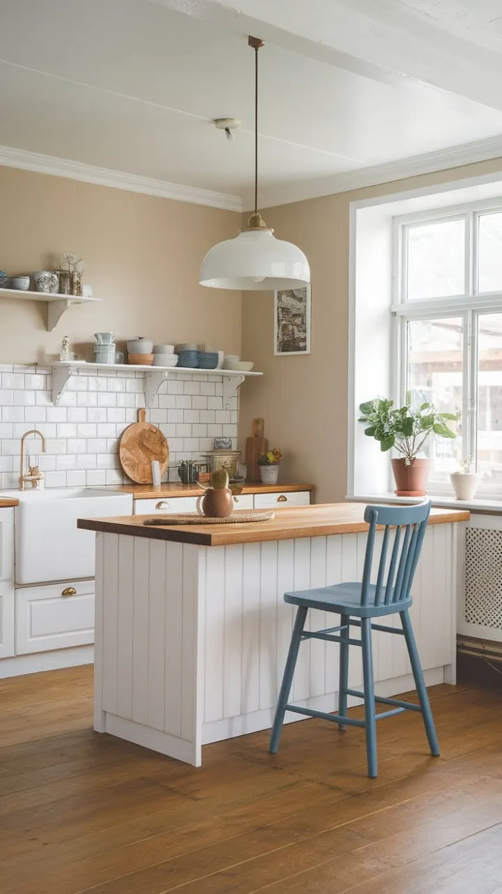 In this serene Nordic kitchen, sunlight dances on sleek lines and coastal charm, where a white island beckons coffee conversations and a blue chair adds a playful touch to the tranquil elegance.