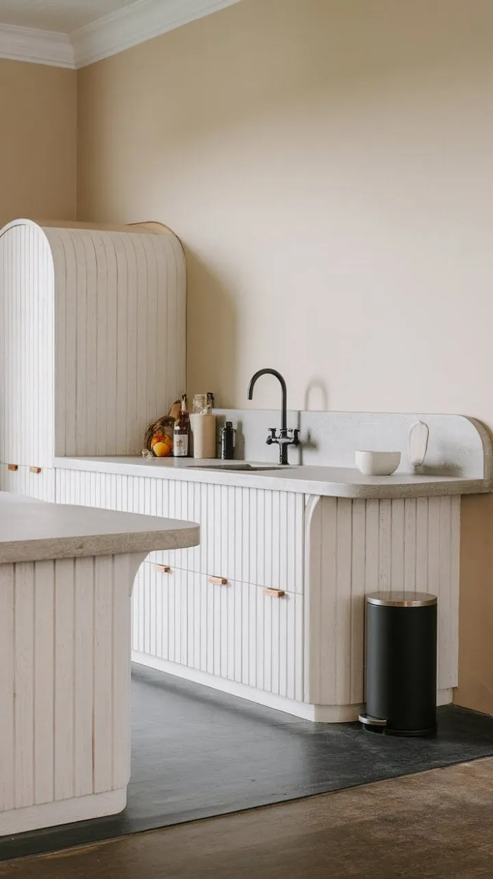 This modern farmhouse kitchen harmoniously fuses Scandinavian minimalism with cozy textures, showcasing a sophisticated palette of soft beige, white, and sleek black.