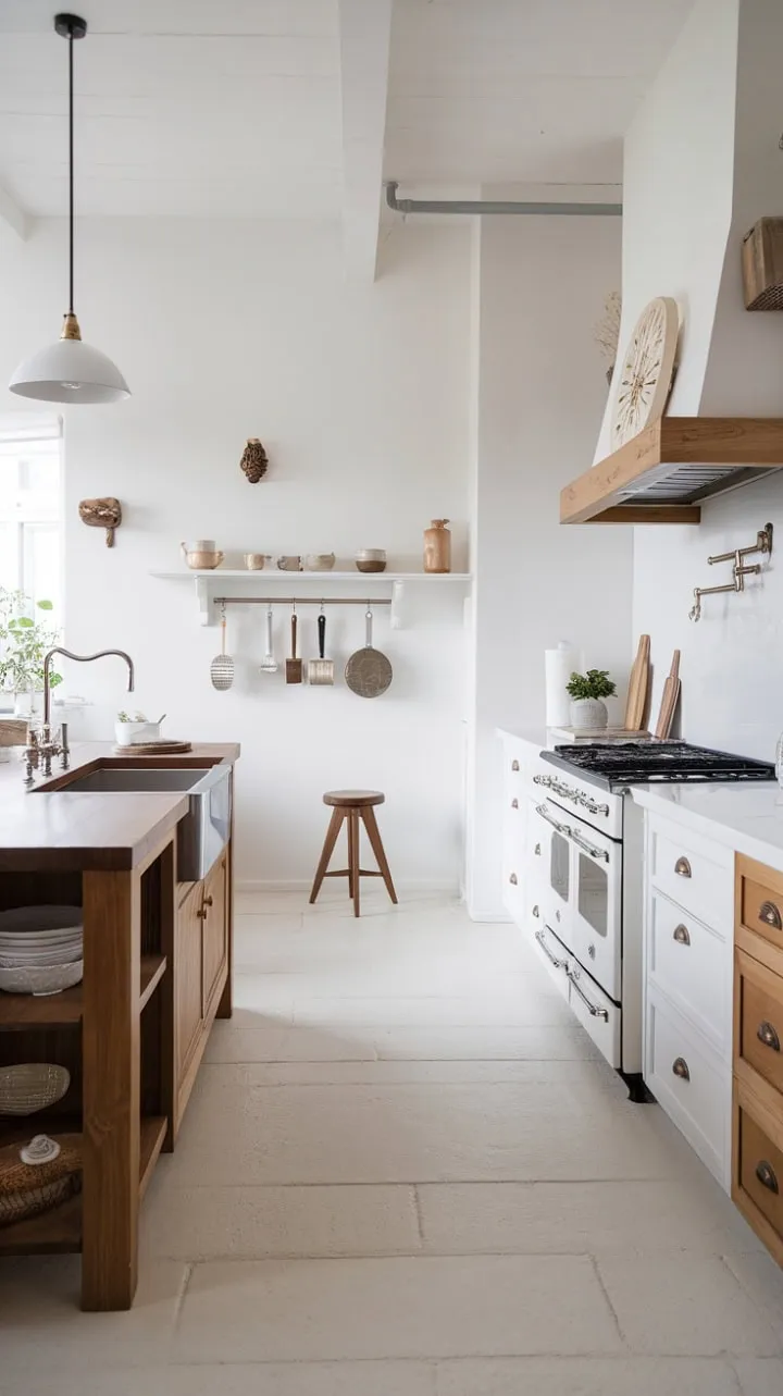 This Nordic kitchen harmoniously combines white surfaces and natural wood, evoking a serene elegance perfect for culinary creativity.