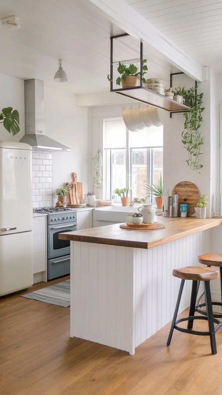 A bright Nordic kitchen blends coastal farmhouse charm with sleek modern design elements.