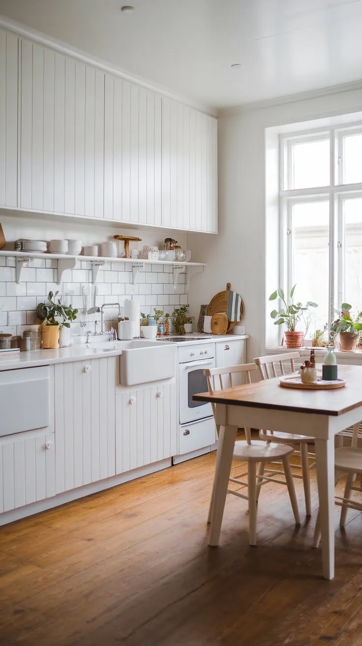 A pristine white Scandinavian kitchen exudes modern elegance with a farmhouse table adding a touch of warmth.