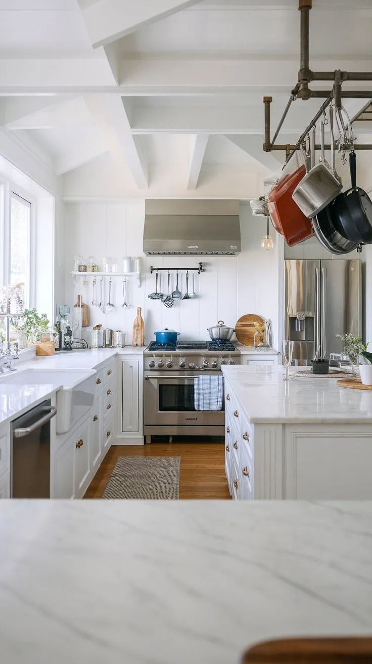Bright white walls and marble countertops highlight the sleek coastal design of this modern Nordic kitchen with white wood cabinetry and stainless steel appliances.