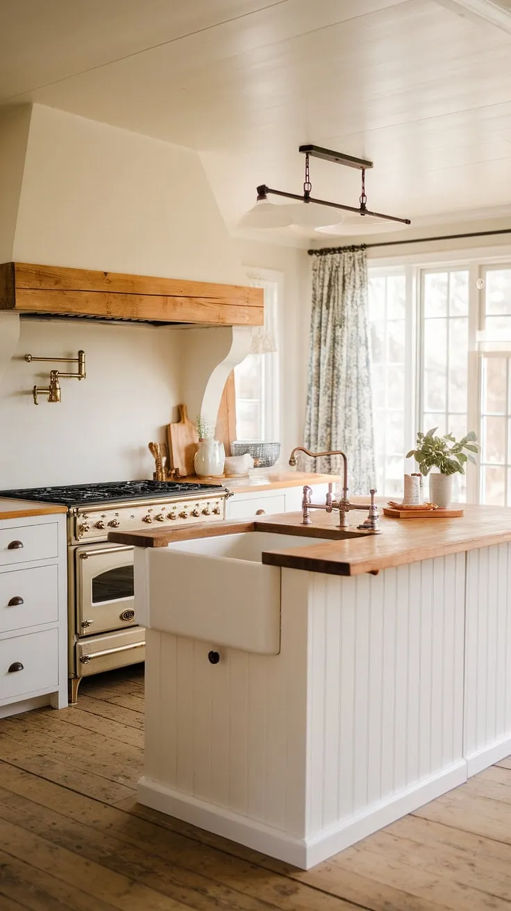 A bright Nordic kitchen features a white wood island and farmhouse sink, exuding warmth and charm.
