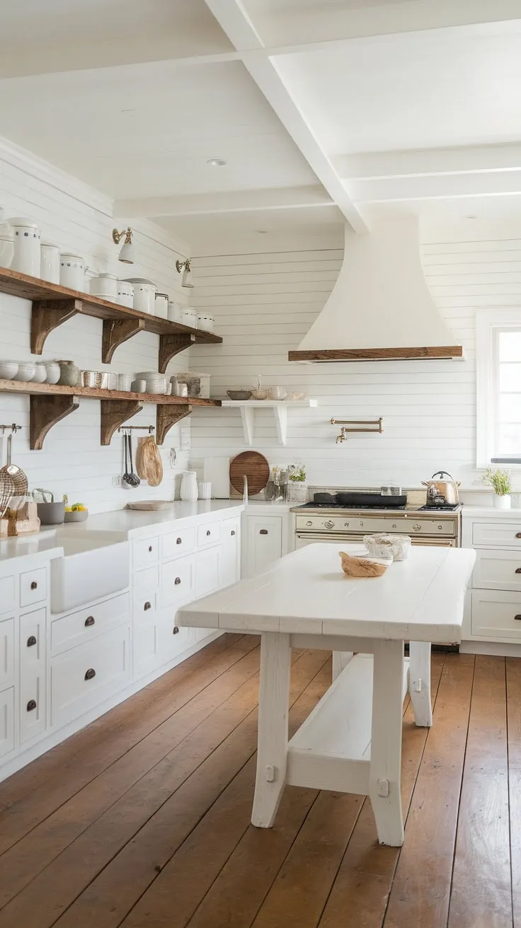 A white kitchen blends modern and farmhouse styles with wooden cabinetry, shelving, and flooring.