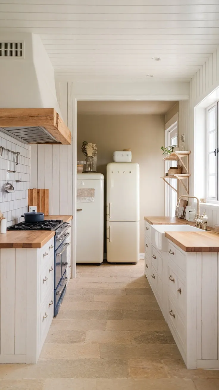A bright Nordic kitchen blends modern sleekness with farmhouse charm and coastal influences.