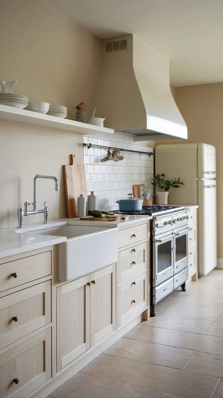 Elegant white wood cabinets and coastal accents define this Nordic kitchen's airy design
