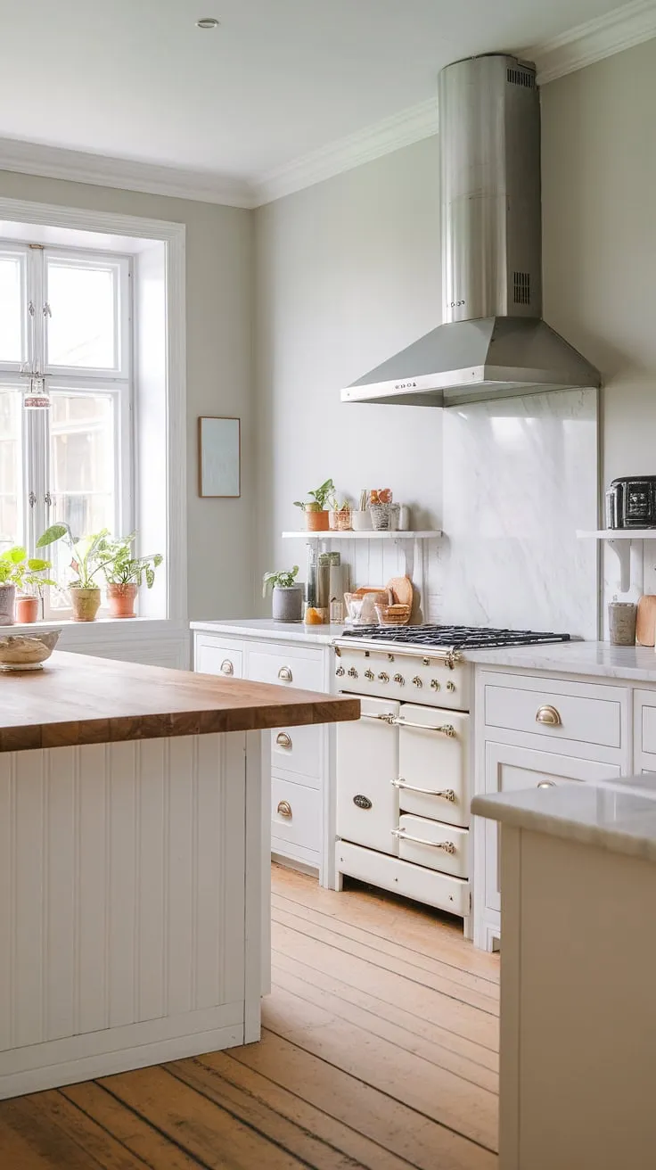 A calming grey and white Nordic kitchen showcases a sleek modern design with marble countertops and wooden floors.