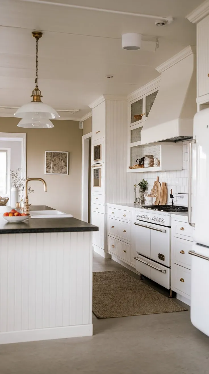 A coastal-inspired Nordic kitchen boasts a sleek farmhouse design with white cabinetry, a dark island, and gold accents.
