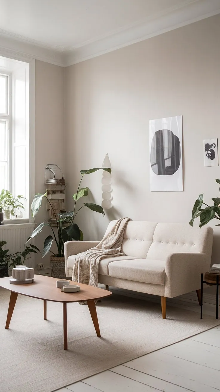 A calming Scandinavian space features a minimalist design with natural wood and muted tones.