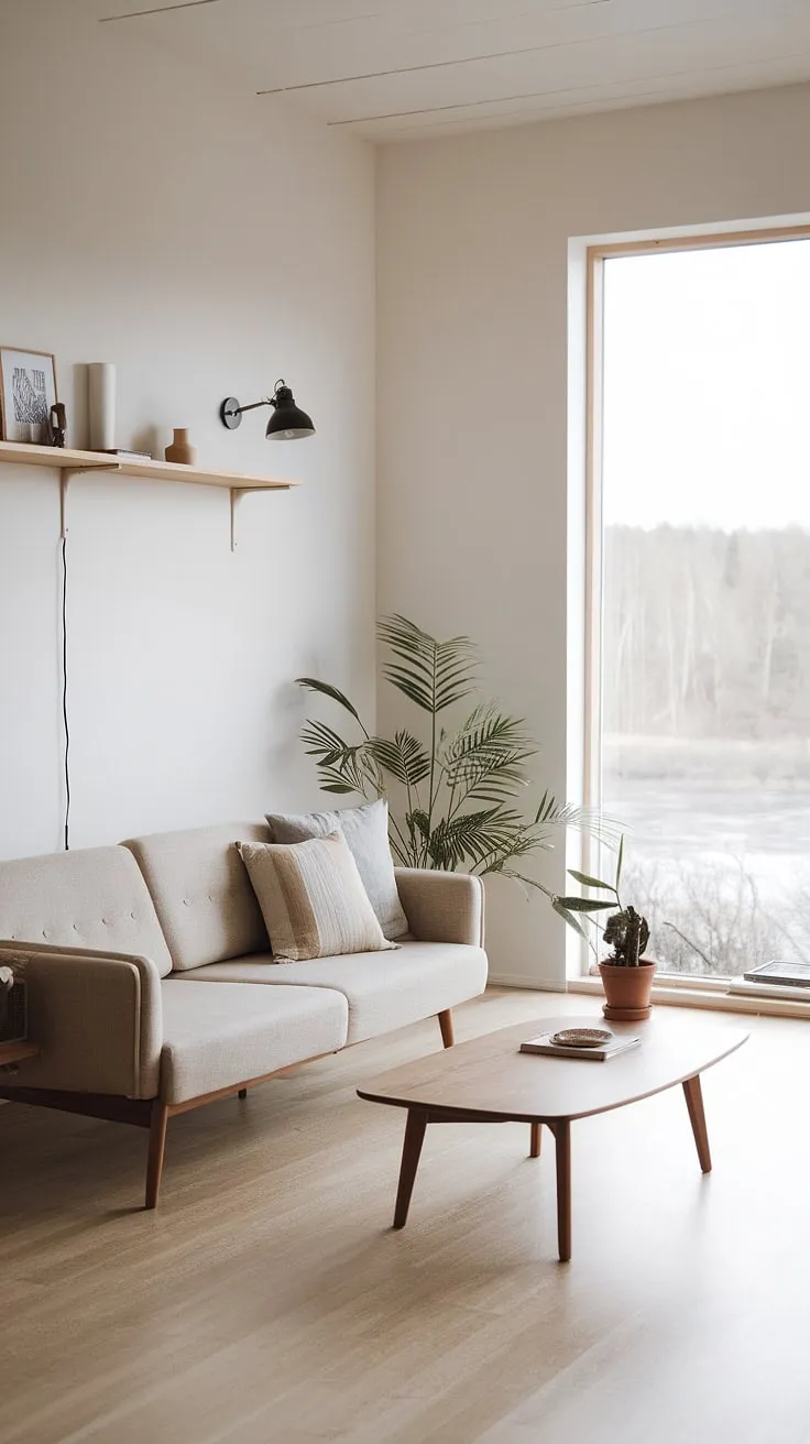 A minimalist Scandinavian living room bathed in natural light offers a tranquil escape.