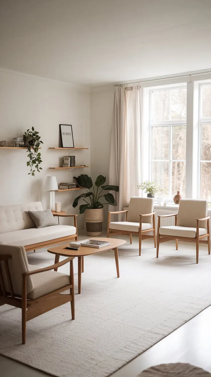 A serene Nordic living room exudes minimalist calm with natural wood accents and a view of nature.