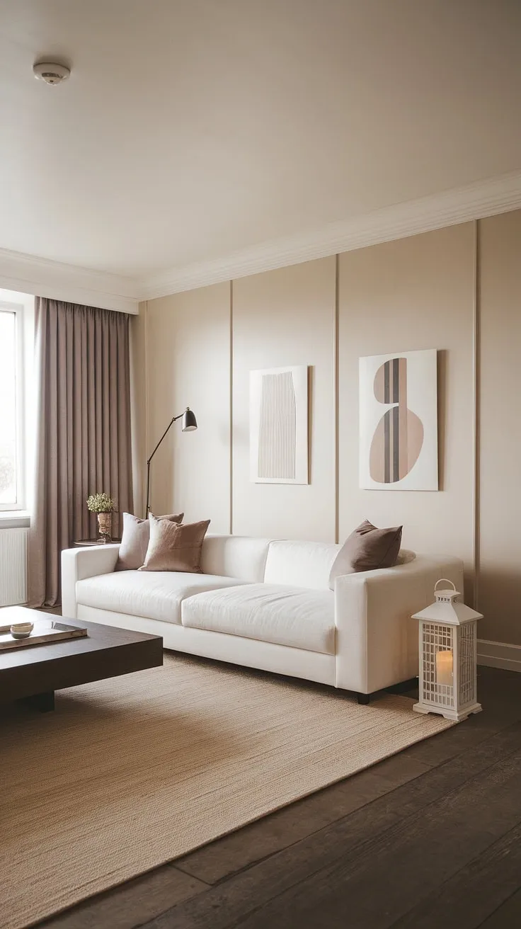 Soft light illuminates a minimalist Nordic living room, showcasing a serene blend of white, beige, and dark wood.