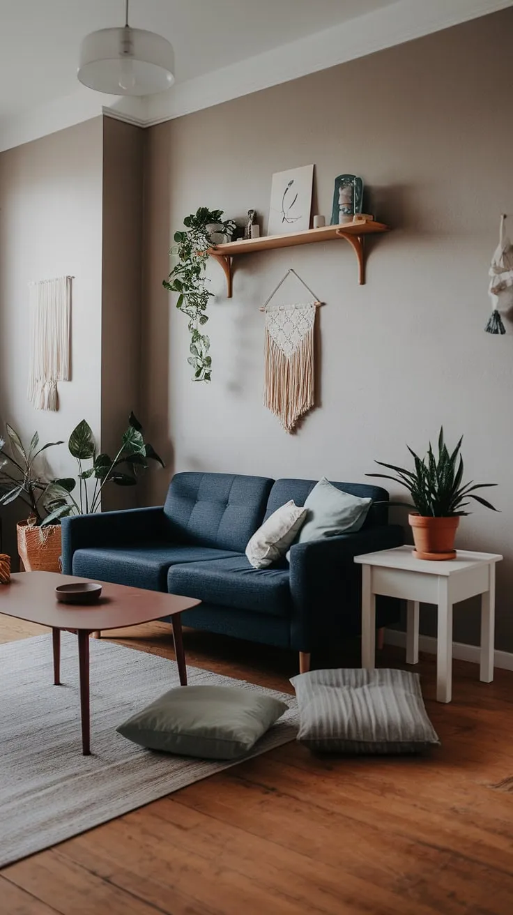 A dark blue sofa anchors a stylish Scandinavian living room, complemented by wood, plants, and muted tones.
