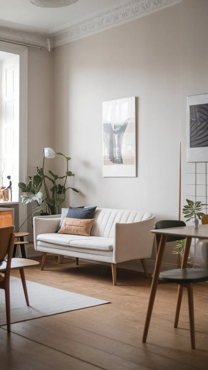 Bathed in sunlight, this serene Nordic living room exudes understated sophistication with its minimalist white sofa, warm wooden floor, curated artwork, and a hint of nature.