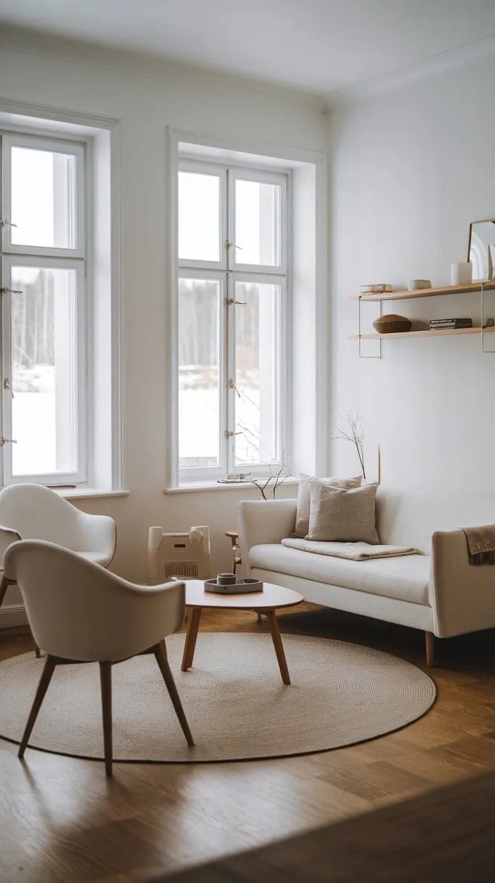 In a serene living room where winter's snowy embrace meets minimalist design, natural light highlights a harmonious blend of Scandinavian simplicity and modern comfort.