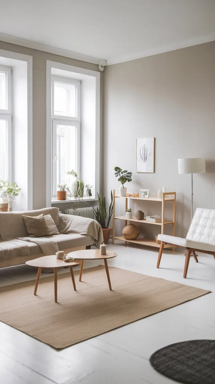 Bathed in sunlight, this Scandinavian-inspired living room blends minimalist elegance with serene tranquility, showcasing a harmonious balance of natural elements and chic simplicity.
