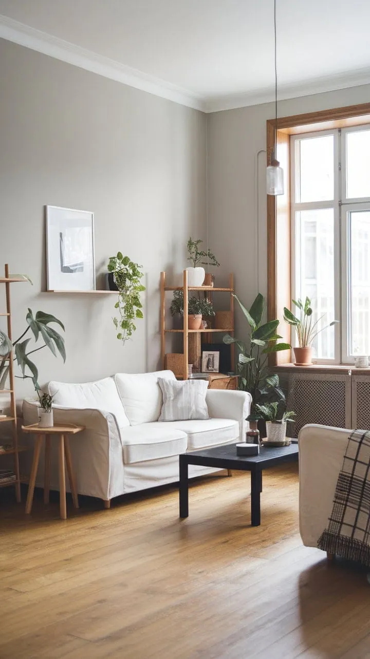 This Scandinavian-inspired space harmoniously fuses modern design with natural elements, showcasing the beauty of simplicity through light grey walls, wooden floors, and vibrant green accents.