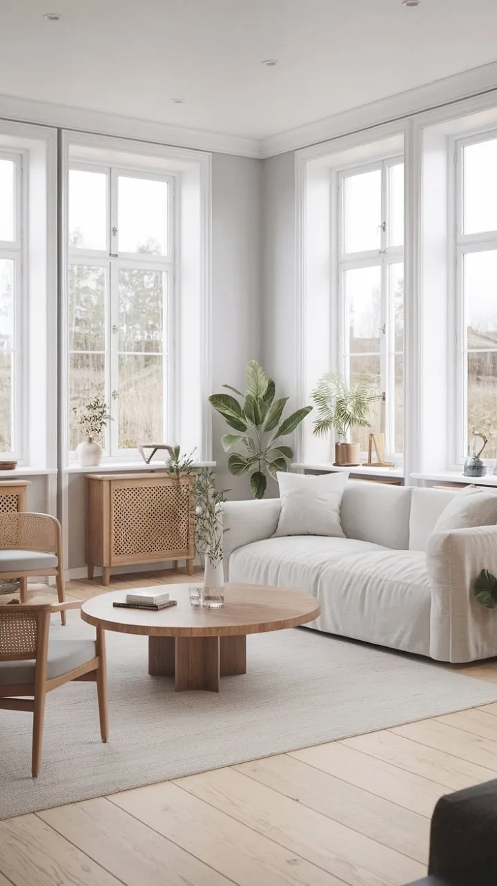 Bathed in natural light, this Nordic living room harmoniously blends modern design with tranquil comfort, creating an airy oasis of serene minimalism.