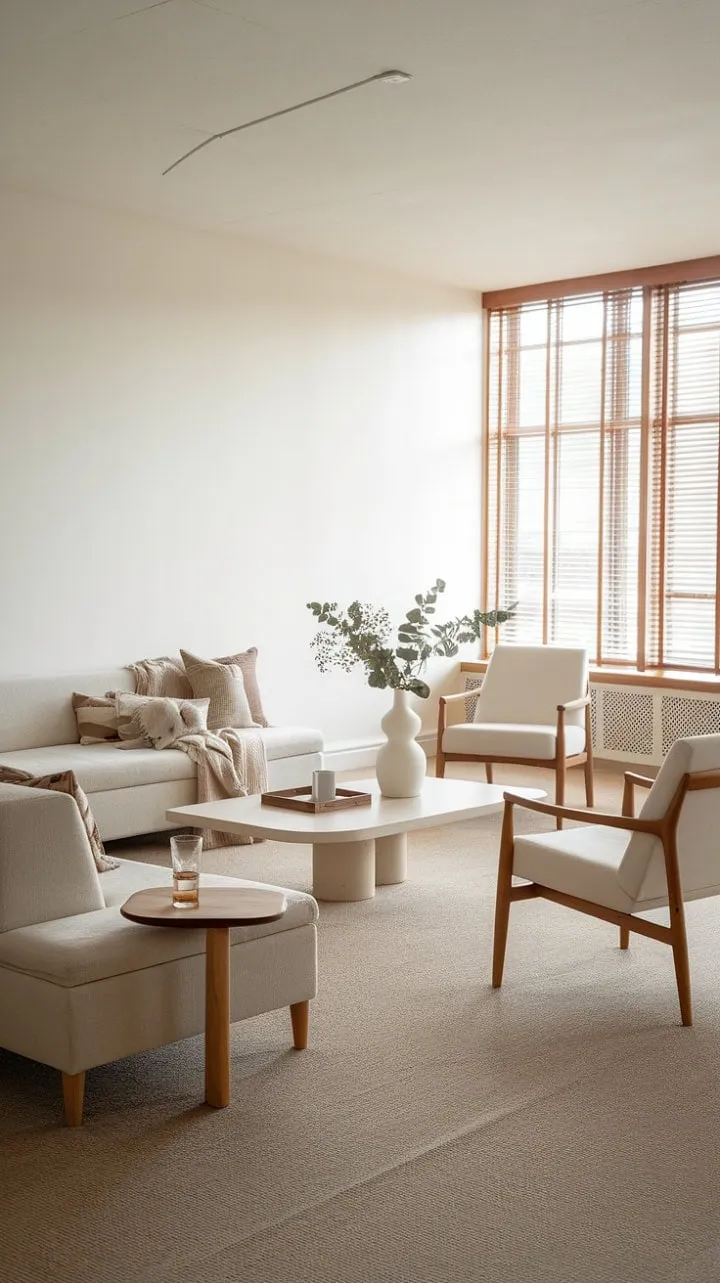 Sunlight filters through wooden blinds, casting a serene glow on the minimalist Nordic living room, where soft beige carpets and natural textures create a tranquil sanctuary.