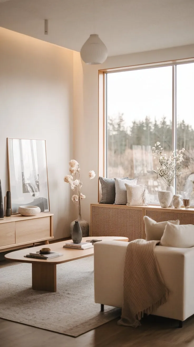 Elegant Nordic minimalism creates a warm, inviting living space bathed in natural light