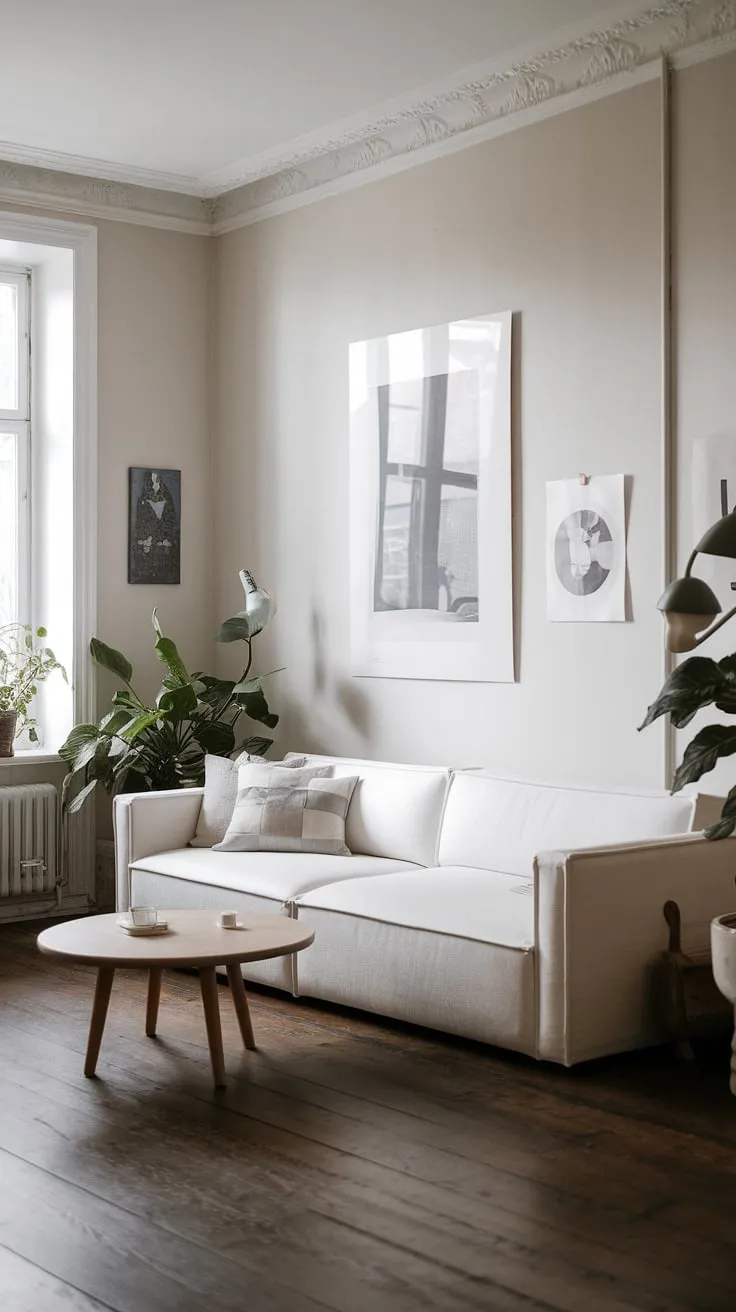 Clean lines and natural elements define this minimalist Nordic living room, showcasing a serene and stylish space.
